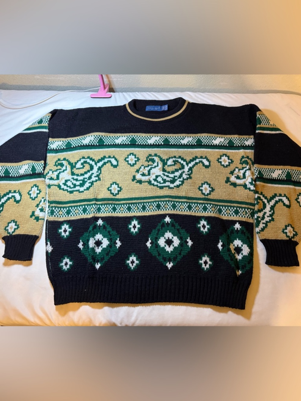 VTG 1980 Towncraft Black, Green & Cream Fair Isle Crewneck Sweater